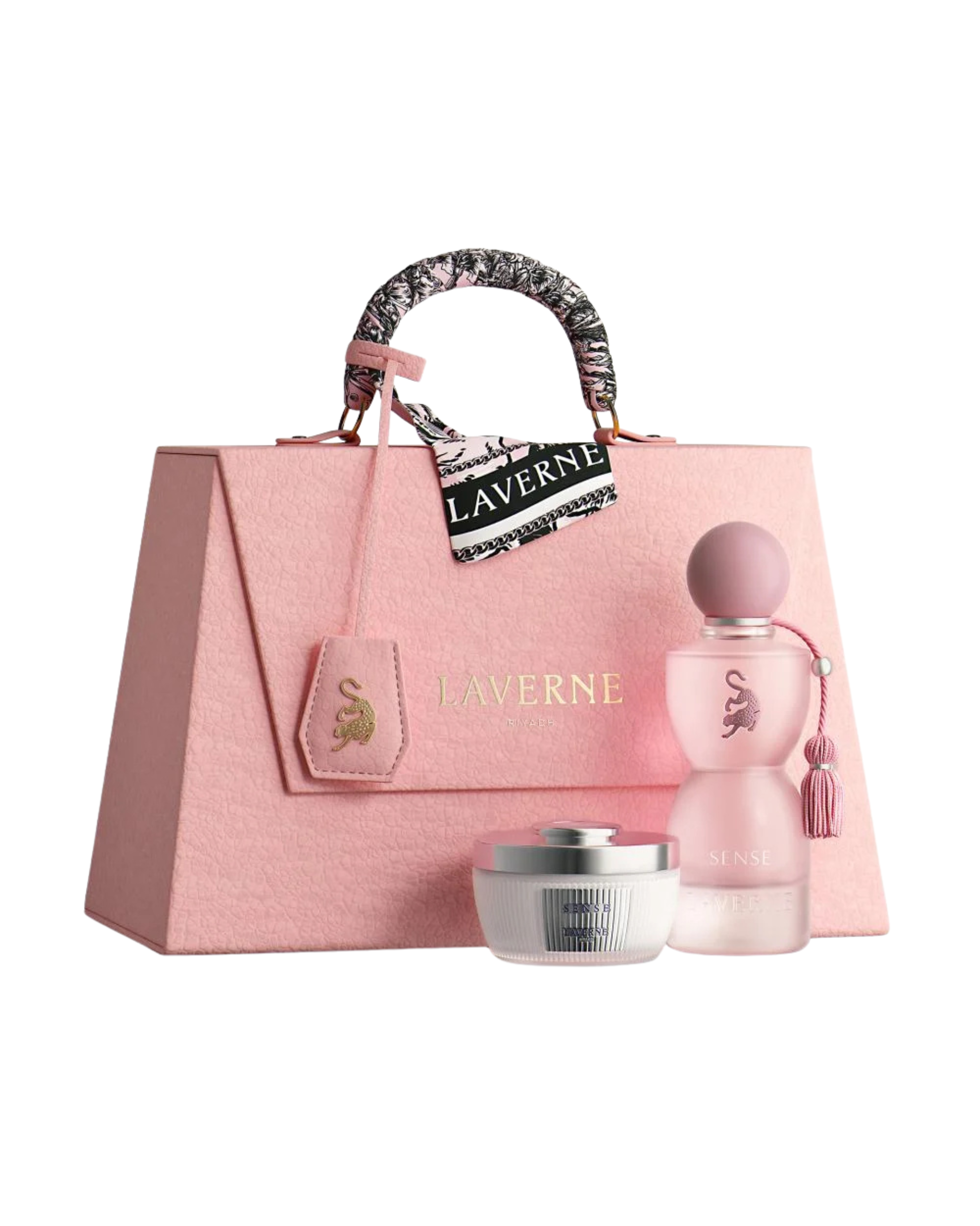 Laverne Perfume Gift Set, Sense Eau de Parfum, Body Powder, Tote Bag, Pink.